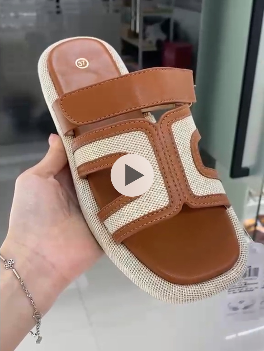 Women's Tan and Cream Slide Sandals